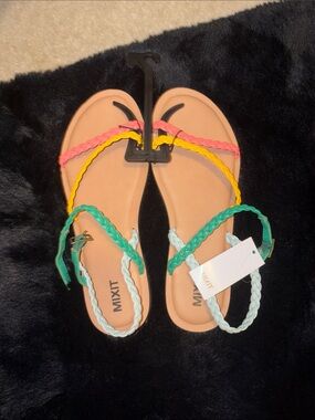 Mixit Multicolor Braided Strap Flat Sandals - Coral, Yellow & Teal